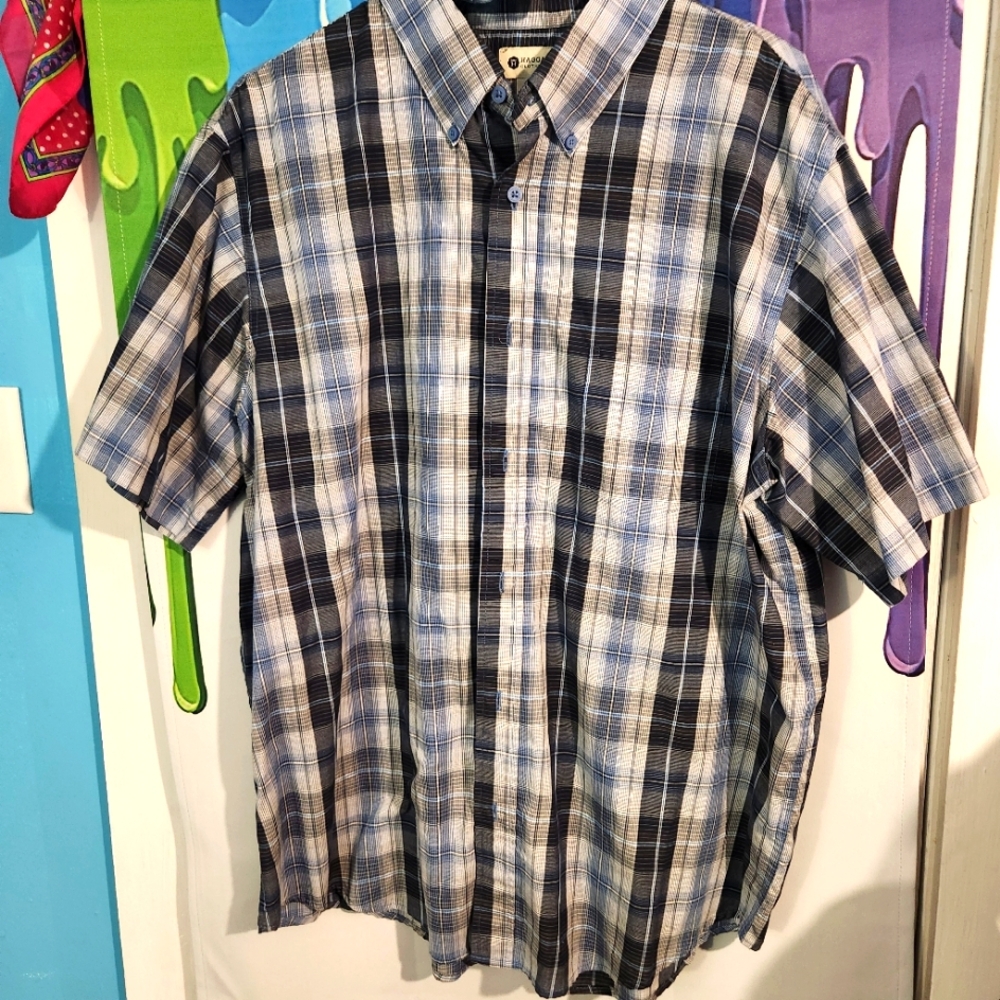 XL, Haggar Men's Blue Plaid Shirt